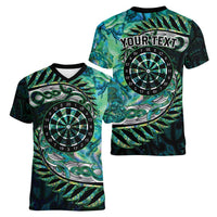 New Zealand Darts Personalised Women V-Neck T-Shirt Aotearoa Silver Fern Green Papua Shell Spirit