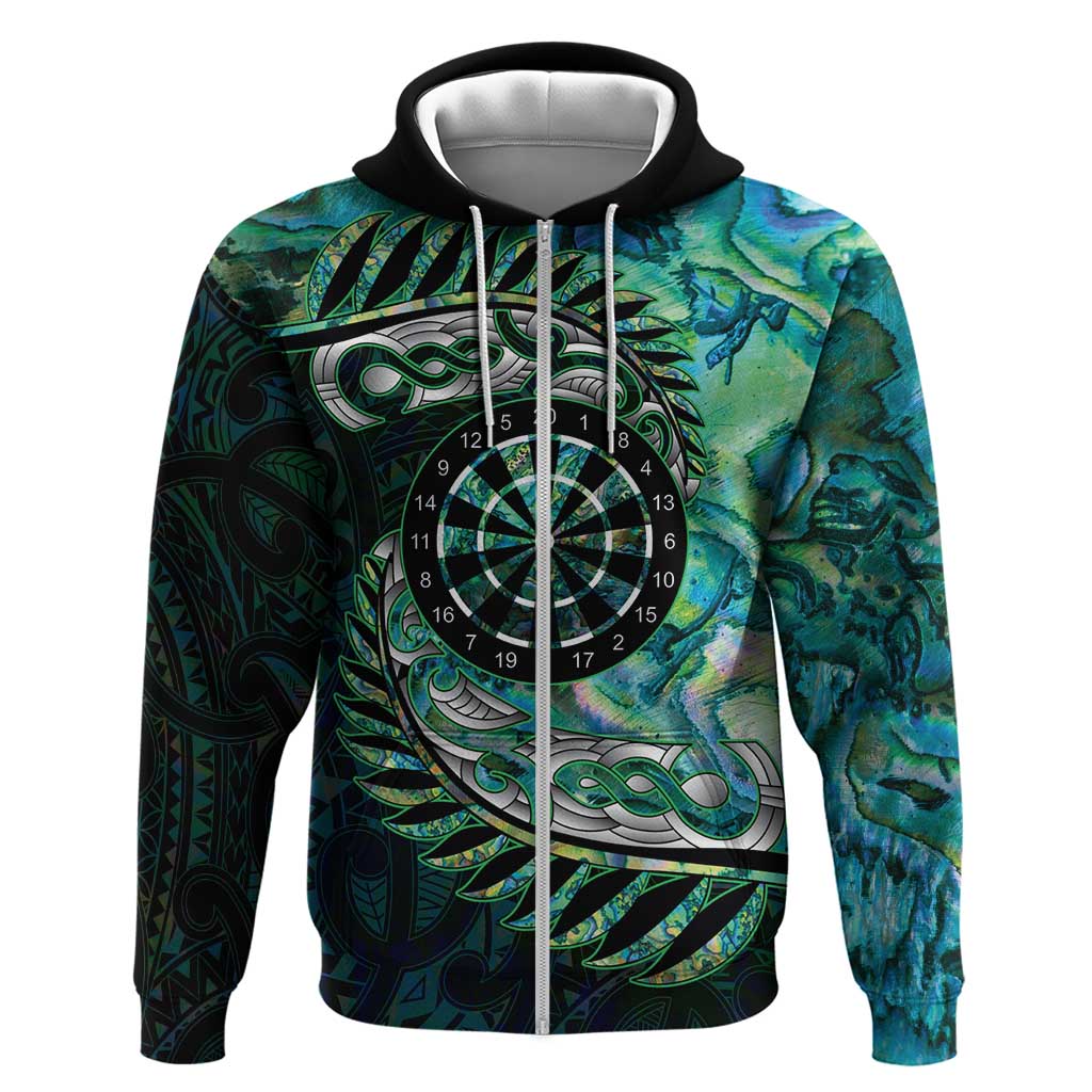 New Zealand Darts Personalised Zip Hoodie Aotearoa Silver Fern Green Papua Shell Spirit