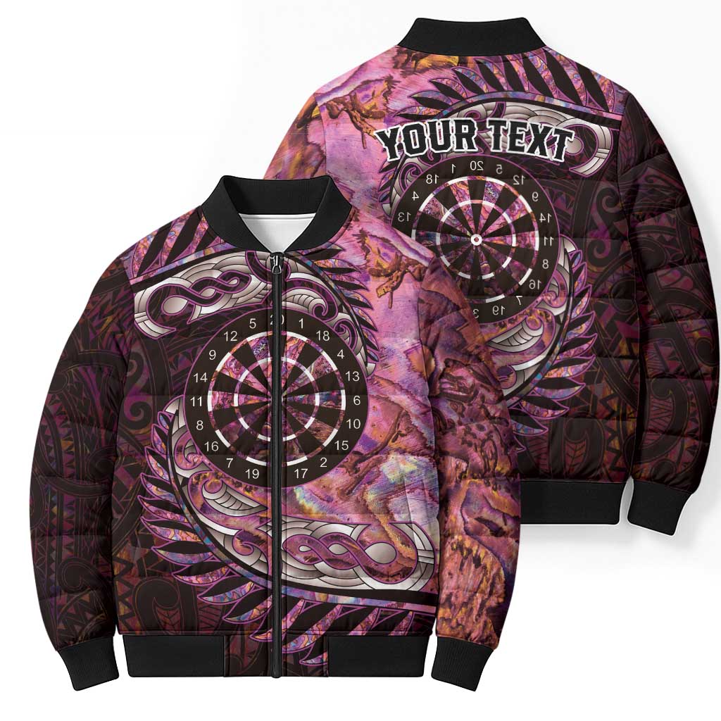 New Zealand Darts Personalised Bomber Puffer Jacket Aotearoa Silver Fern Pink Papua Shell Spirit - Polynesian Pride
