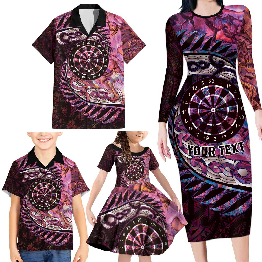 New Zealand Darts Personalised Family Matching Long Sleeve Bodycon Dress and Hawaiian Shirt Aotearoa Silver Fern Pink Papua Shell Spirit