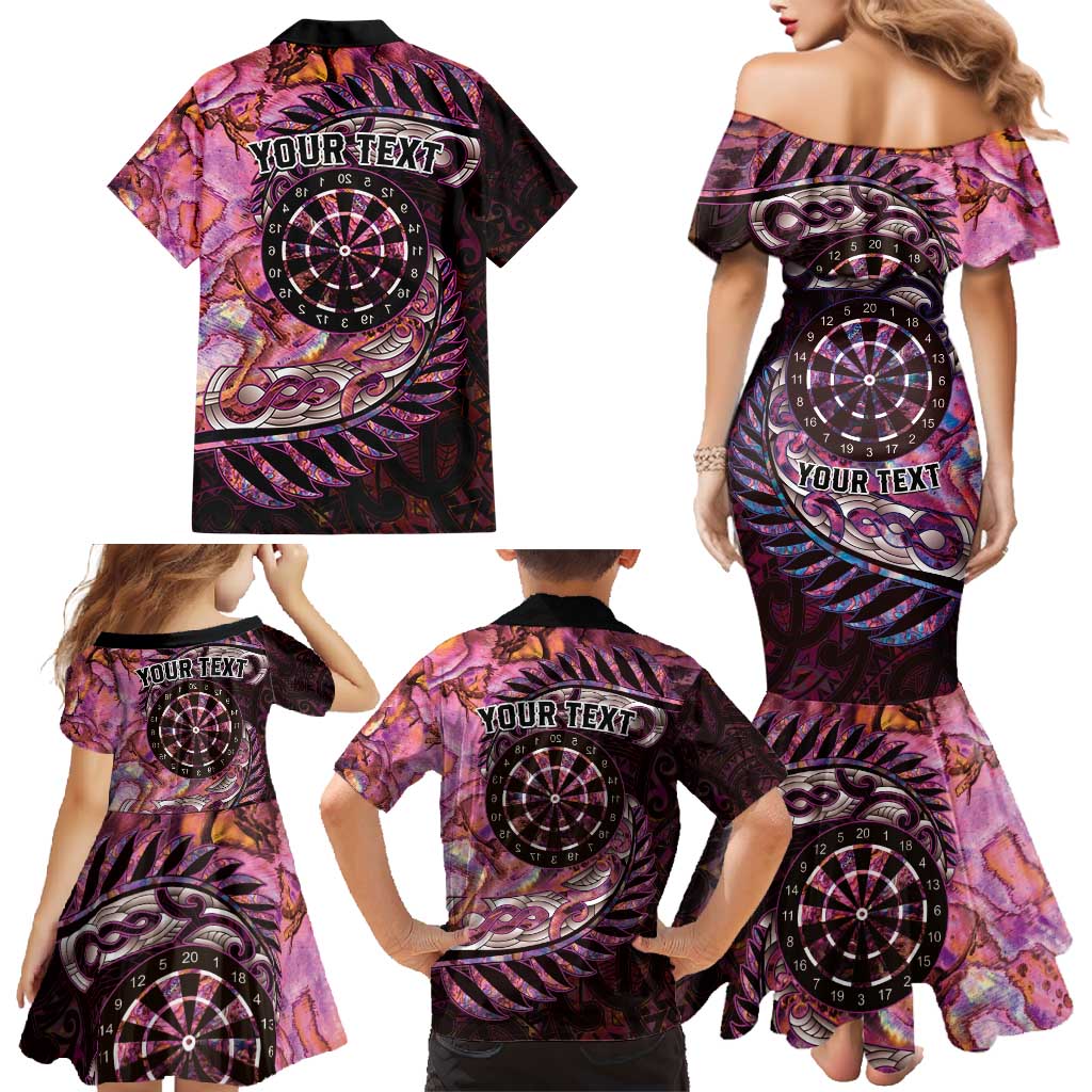 New Zealand Darts Personalised Family Matching Mermaid Dress and Hawaiian Shirt Aotearoa Silver Fern Pink Papua Shell Spirit