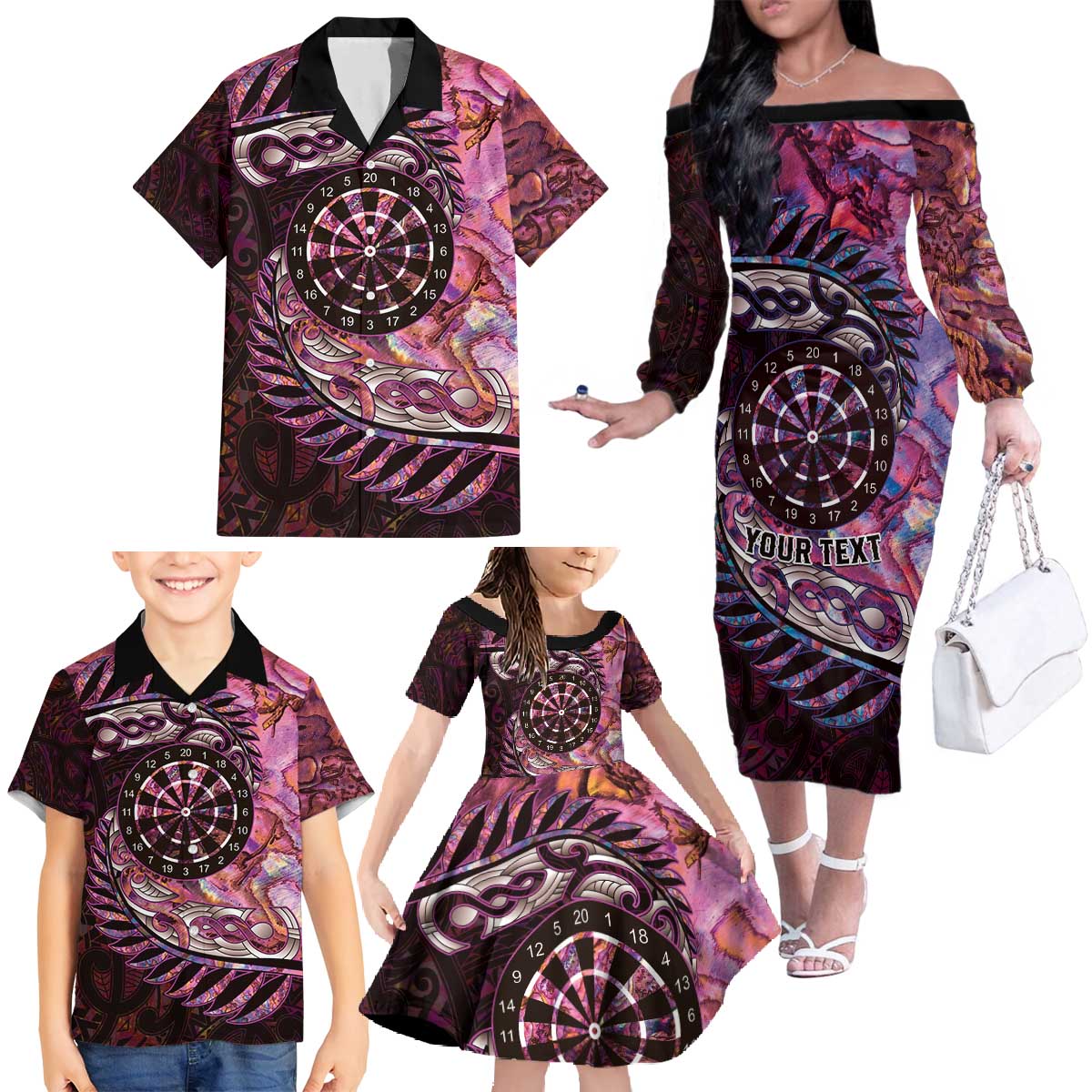 New Zealand Darts Personalised Family Matching Off The Shoulder Long Sleeve Dress and Hawaiian Shirt Aotearoa Silver Fern Pink Papua Shell Spirit