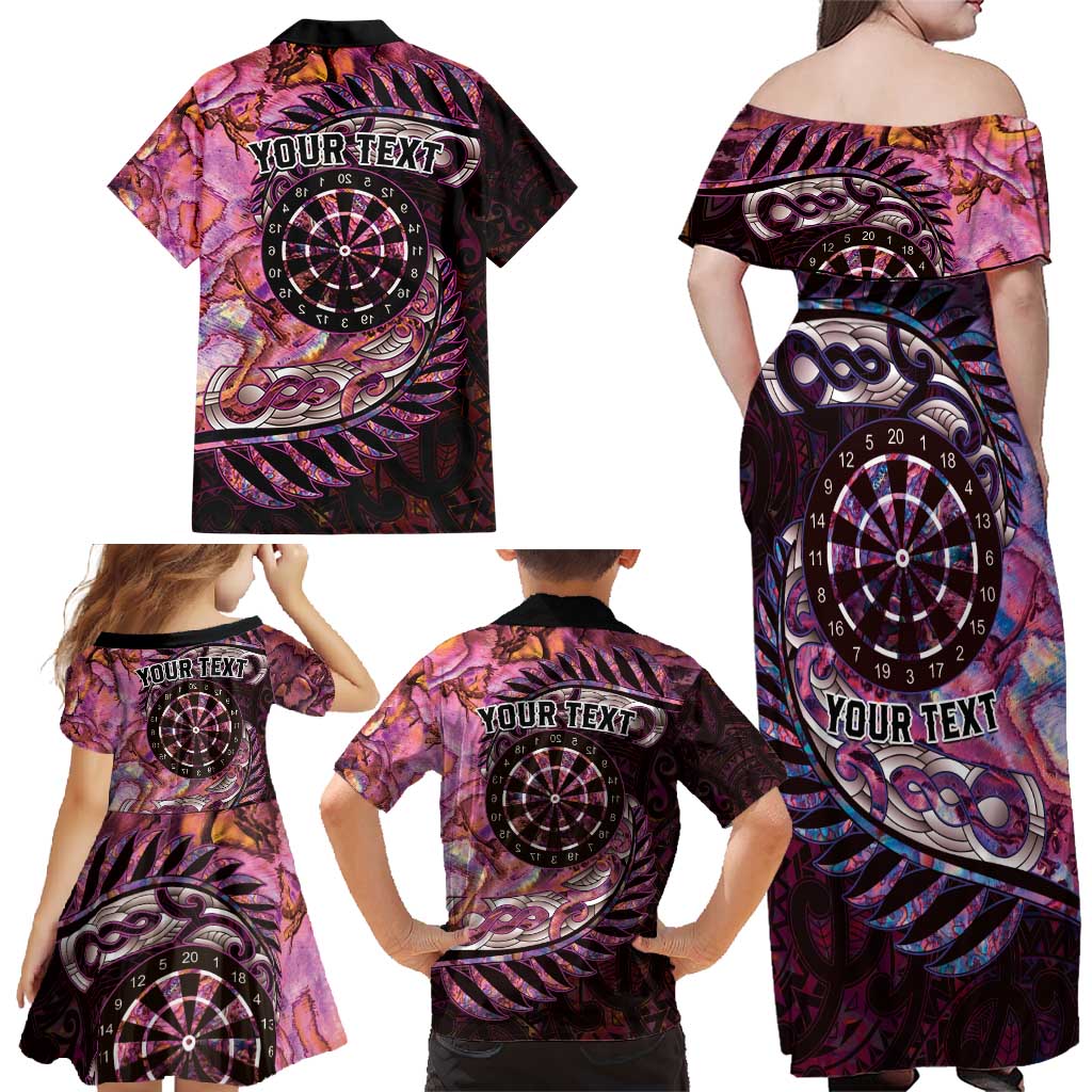 New Zealand Darts Personalised Family Matching Off Shoulder Maxi Dress and Hawaiian Shirt Aotearoa Silver Fern Pink Papua Shell Spirit
