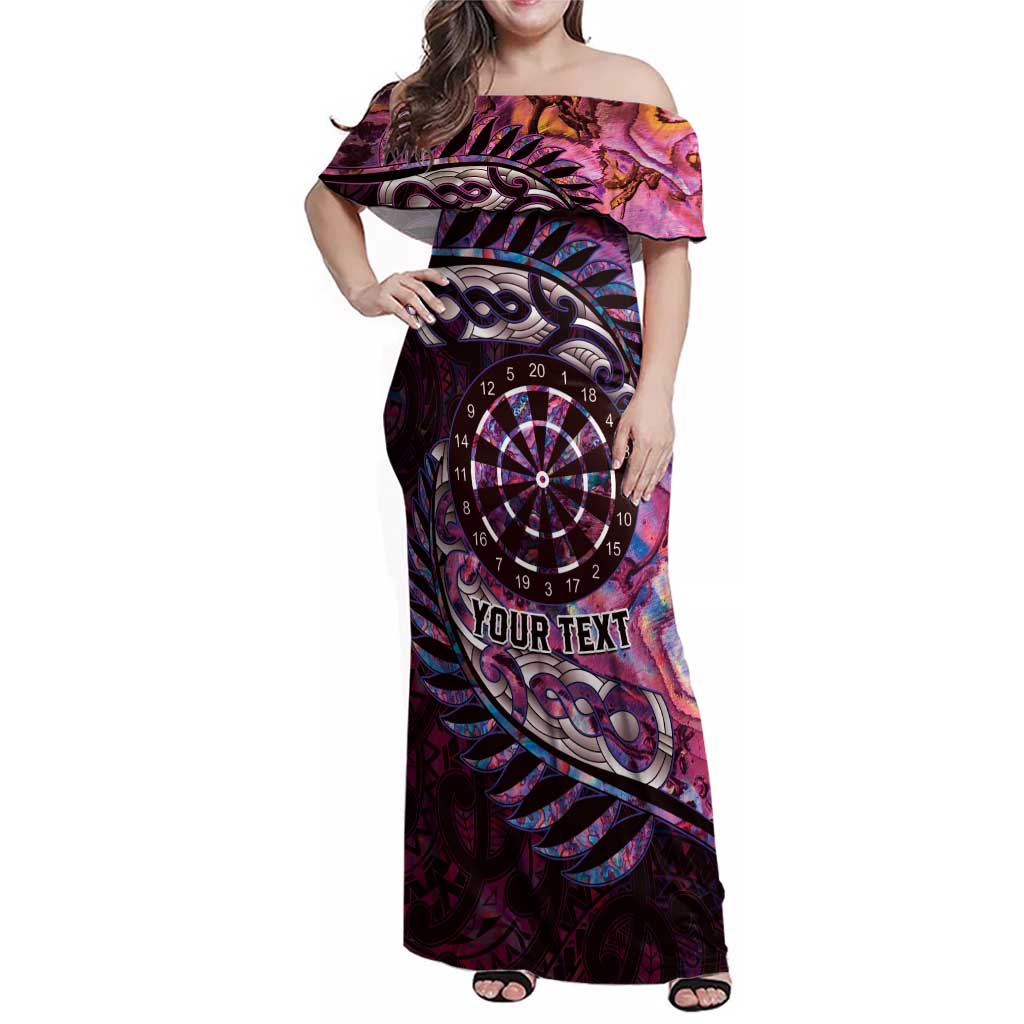 New Zealand Darts Personalised Family Matching Off Shoulder Maxi Dress and Hawaiian Shirt Aotearoa Silver Fern Pink Papua Shell Spirit