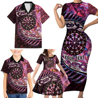 New Zealand Darts Personalised Family Matching Short Sleeve Bodycon Dress and Hawaiian Shirt Aotearoa Silver Fern Pink Papua Shell Spirit