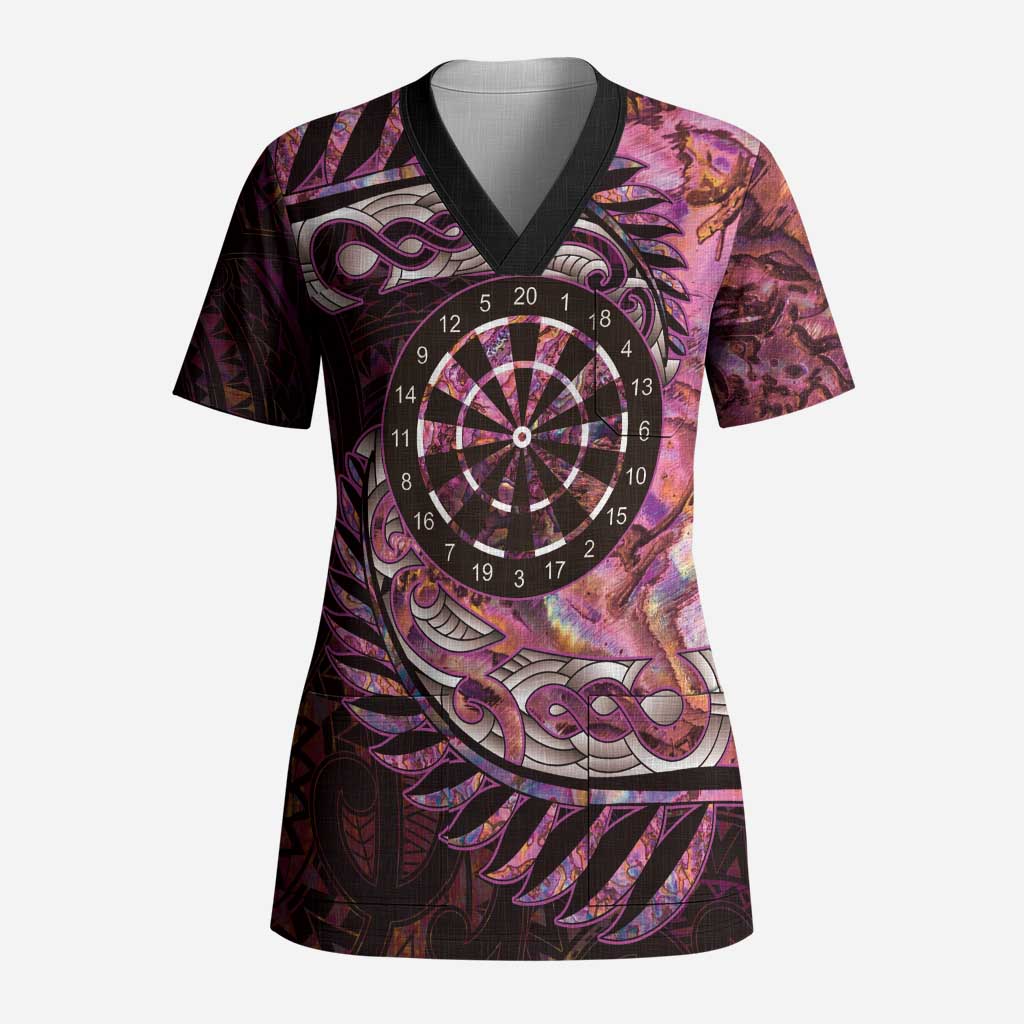 New Zealand Darts Personalised Scrub Top Aotearoa Silver Fern Pink Papua Shell Spirit - Polynesian Pride