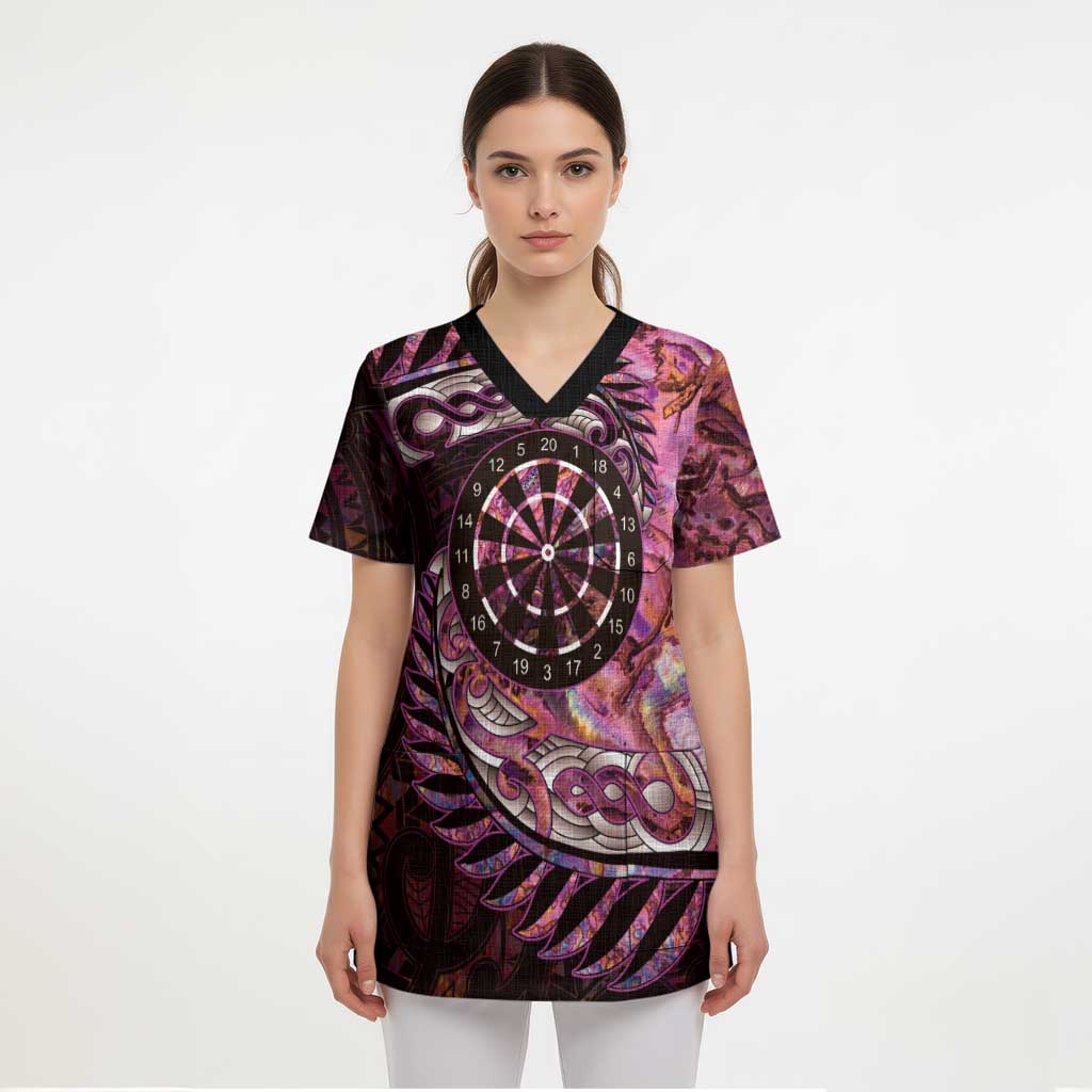 New Zealand Darts Personalised Scrub Top Aotearoa Silver Fern Pink Papua Shell Spirit - Polynesian Pride