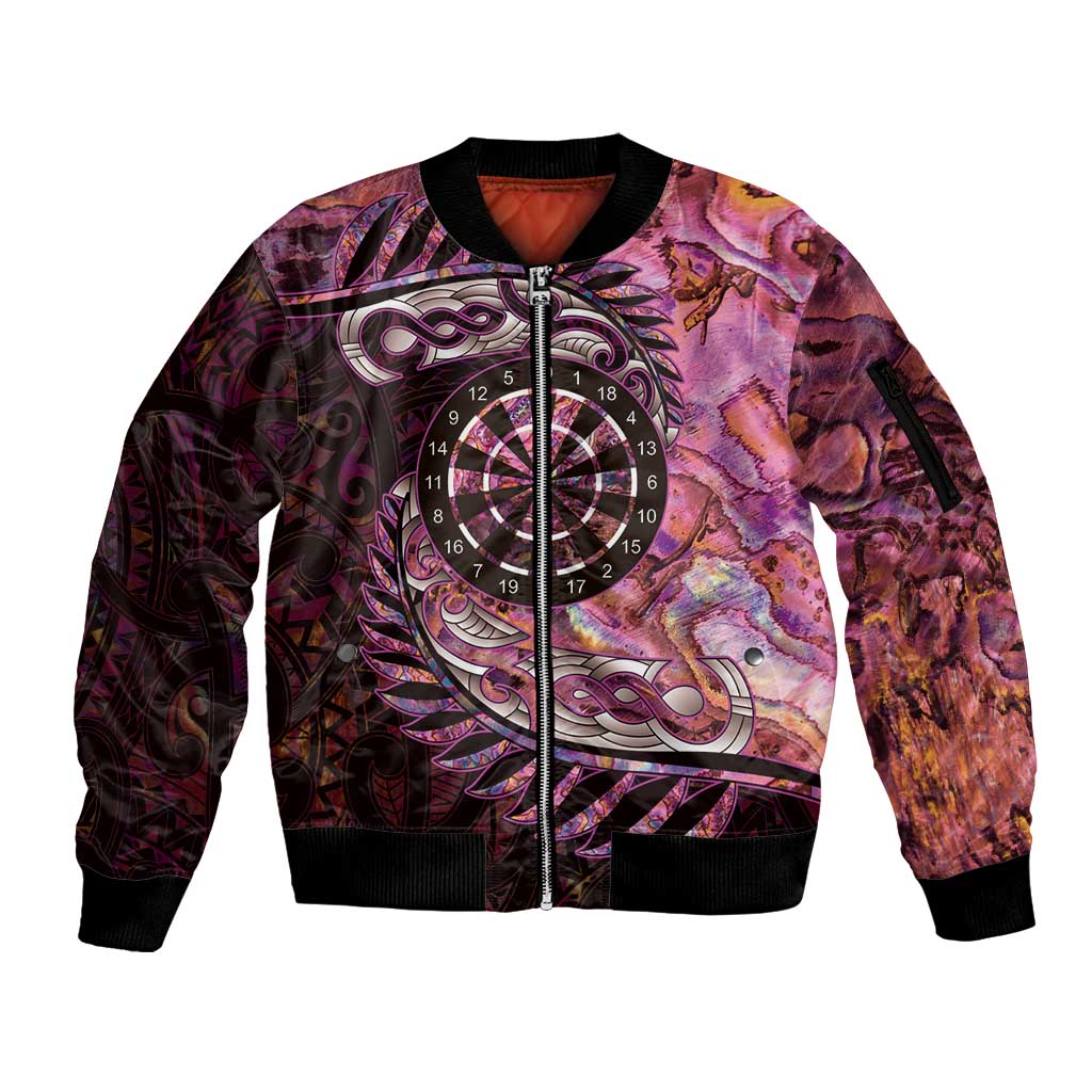 New Zealand Darts Personalised Sleeve Zip Bomber Jacket Aotearoa Silver Fern Pink Papua Shell Spirit