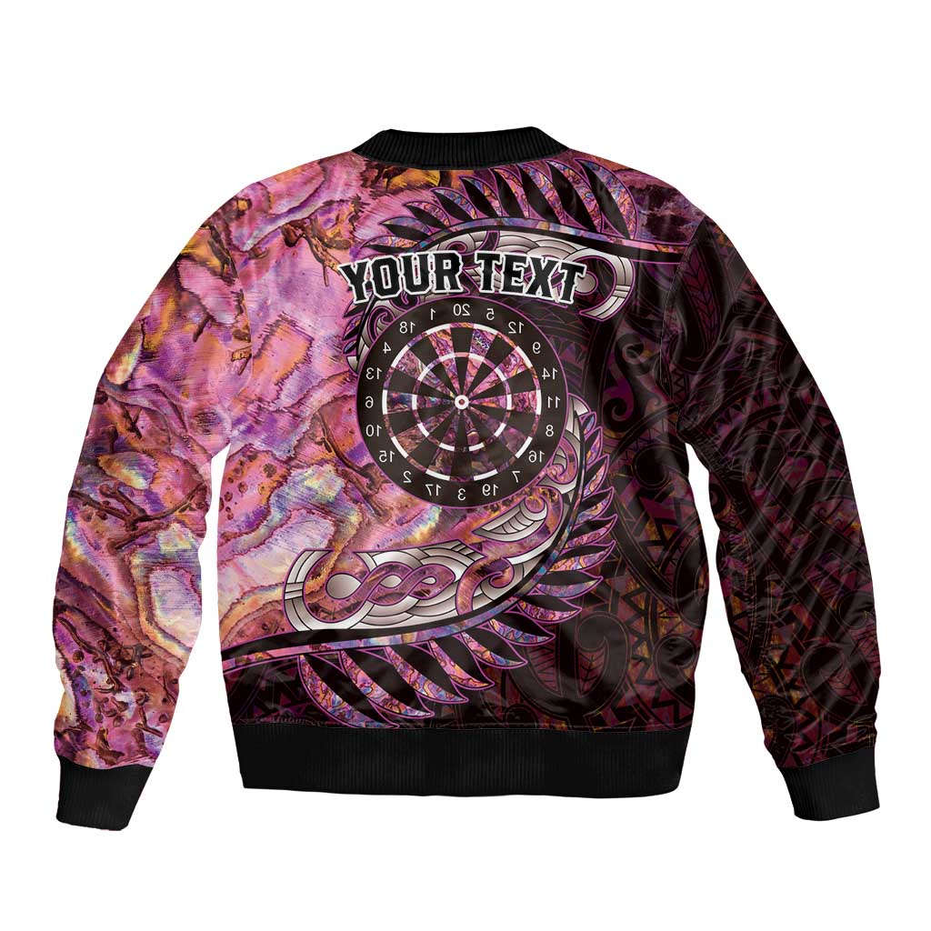 New Zealand Darts Personalised Sleeve Zip Bomber Jacket Aotearoa Silver Fern Pink Papua Shell Spirit