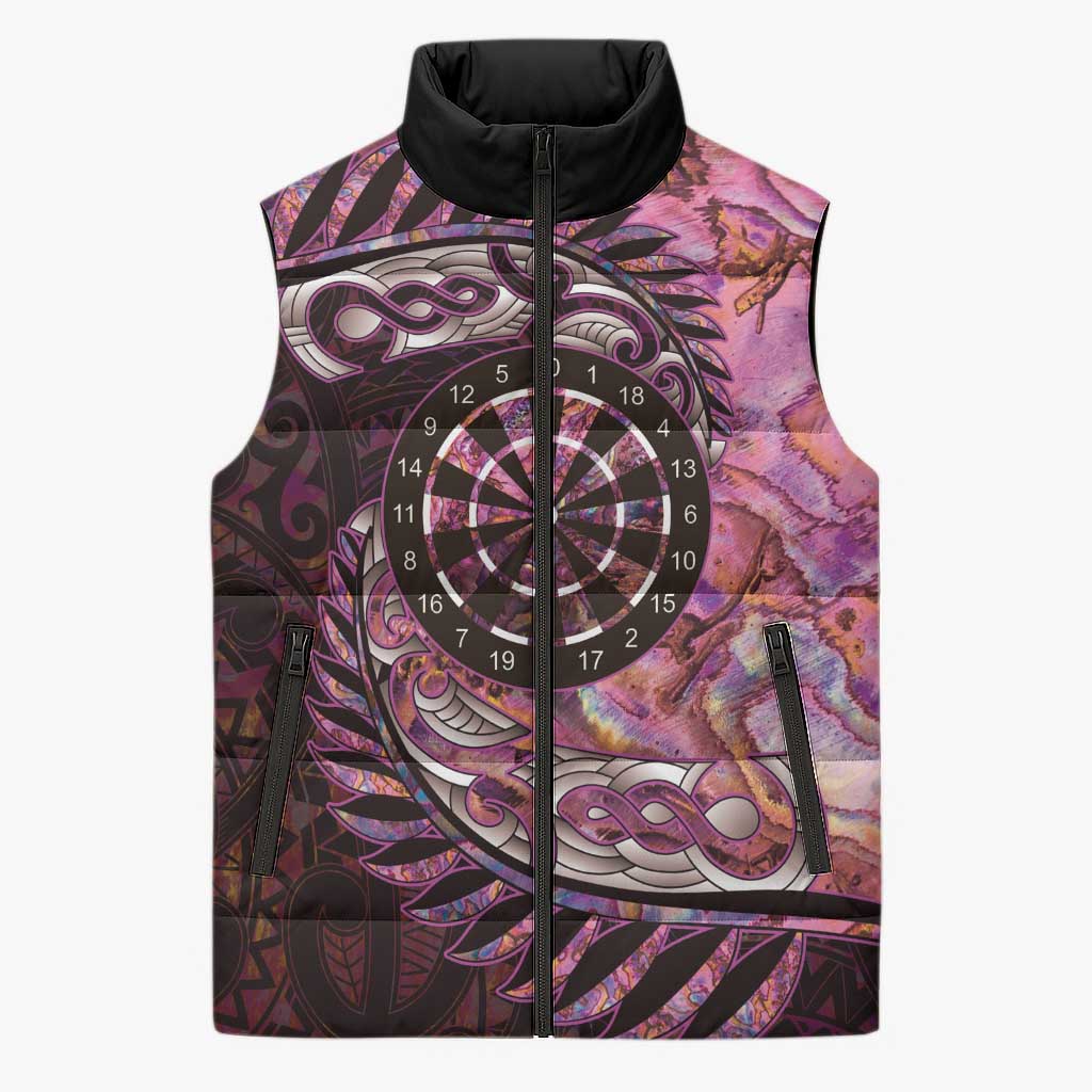 New Zealand Darts Personalised Sleeveless Puffer Jacket Aotearoa Silver Fern Pink Papua Shell Spirit - Polynesian Pride