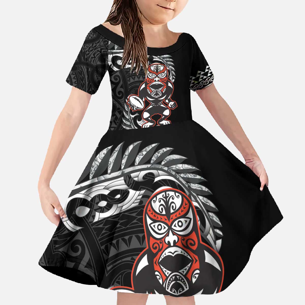 New Zealand Indigenous-Maori Rugby Custom Family Matching Off The Shoulder Long Sleeve Dress and Hawaiian Shirt