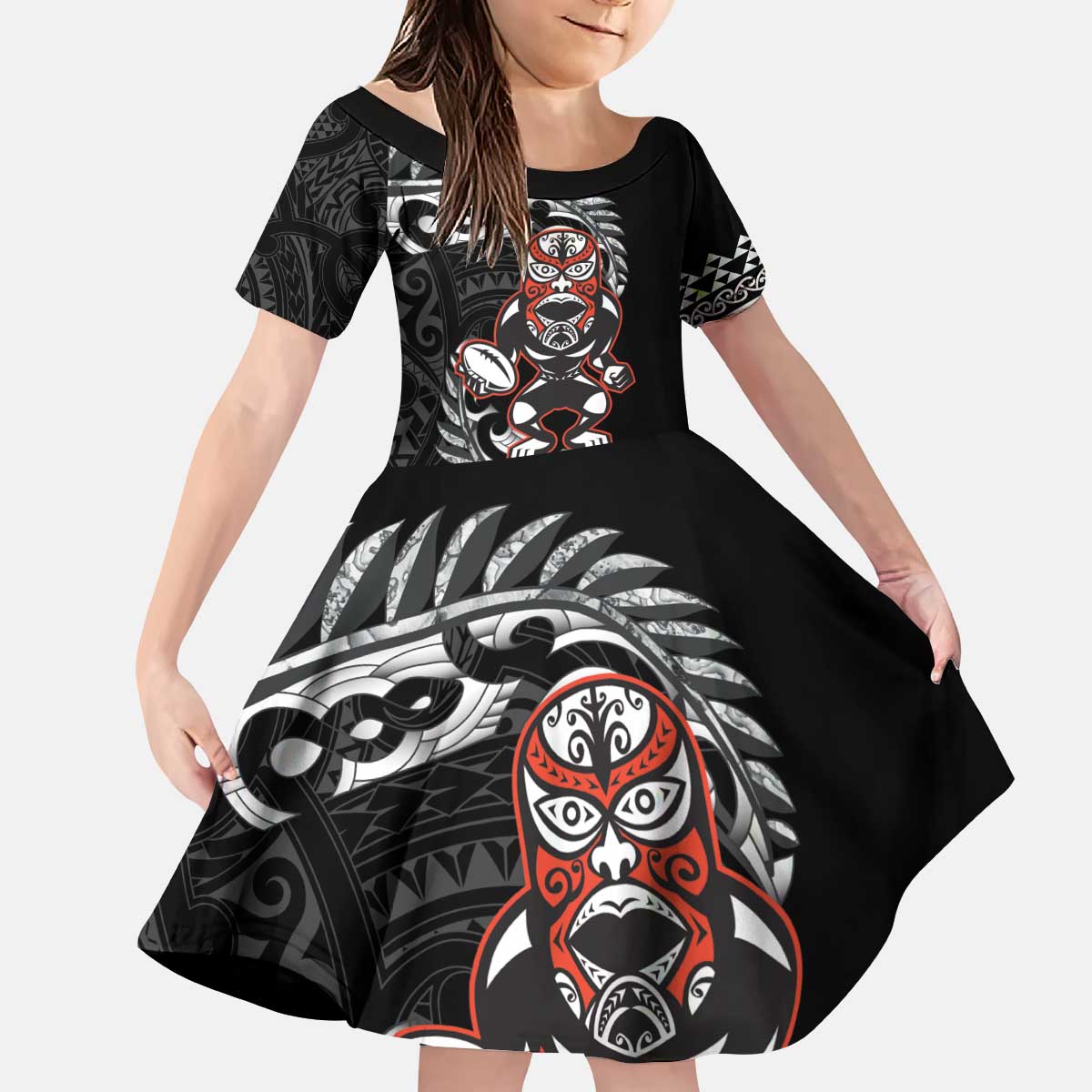 New Zealand Indigenous-Maori Rugby Custom Kid Short Sleeve Dress