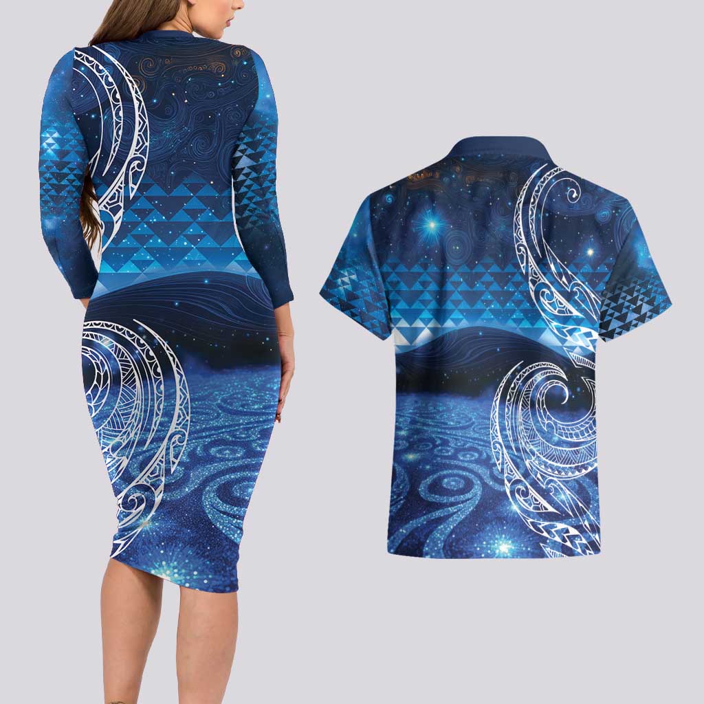 New Zealand Matariki Couples Matching Long Sleeve Bodycon Dress and Hawaiian Shirt Taniko Aramoana With Koru Galaxy Sky Night