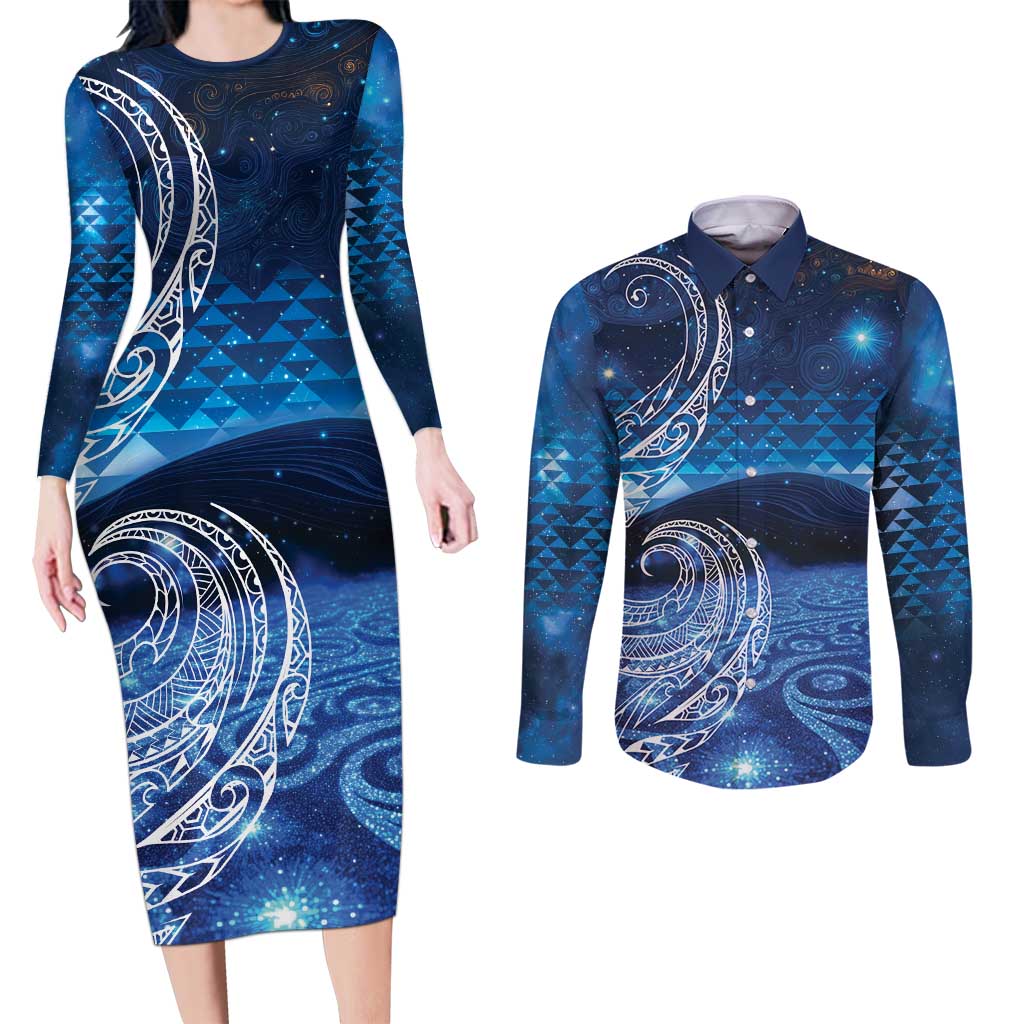 New Zealand Matariki Couples Matching Long Sleeve Bodycon Dress and Long Sleeve Button Shirt Taniko Aramoana With Koru Galaxy Sky Night