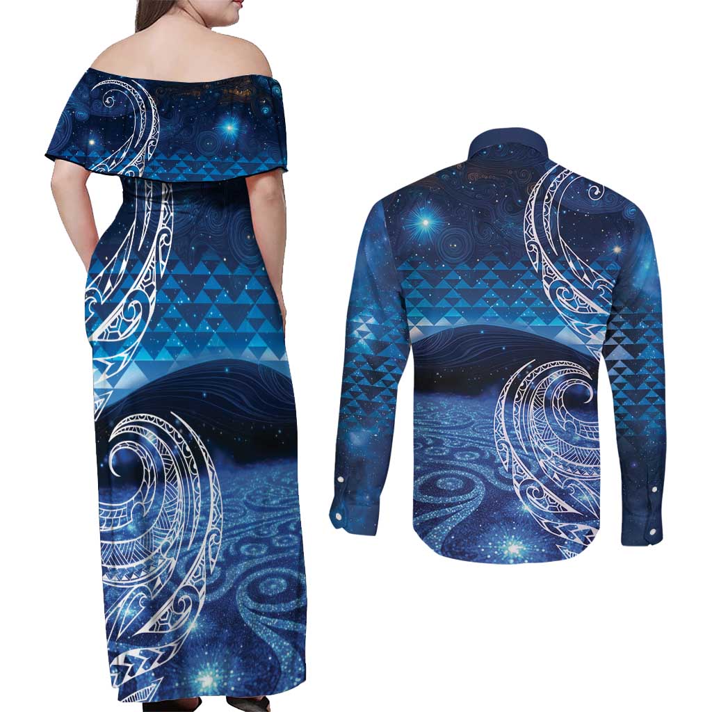 New Zealand Matariki Couples Matching Off Shoulder Maxi Dress and Long Sleeve Button Shirt Taniko Aramoana With Koru Galaxy Sky Night