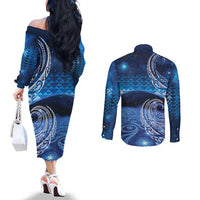 New Zealand Matariki Couples Matching Off The Shoulder Long Sleeve Dress and Long Sleeve Button Shirt Taniko Aramoana With Koru Galaxy Sky Night
