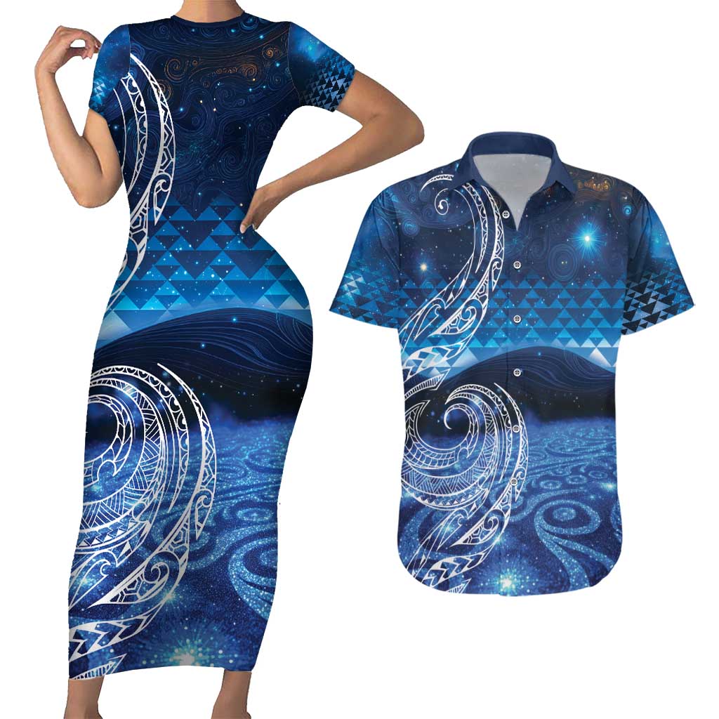 New Zealand Matariki Couples Matching Short Sleeve Bodycon Dress and Hawaiian Shirt Taniko Aramoana With Koru Galaxy Sky Night