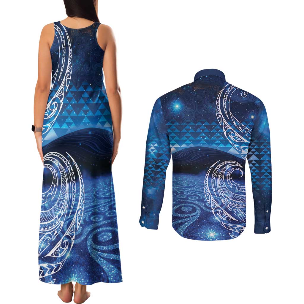 New Zealand Matariki Couples Matching Tank Maxi Dress and Long Sleeve Button Shirt Taniko Aramoana With Koru Galaxy Sky Night