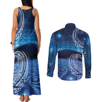 New Zealand Matariki Couples Matching Tank Maxi Dress and Long Sleeve Button Shirt Taniko Aramoana With Koru Galaxy Sky Night