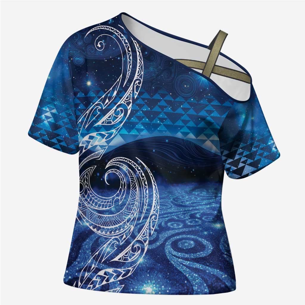 New Zealand Matariki Cross Shoulder Shirt Taniko Aramoana With Koru Galaxy Sky Night - Polynesian Pride
