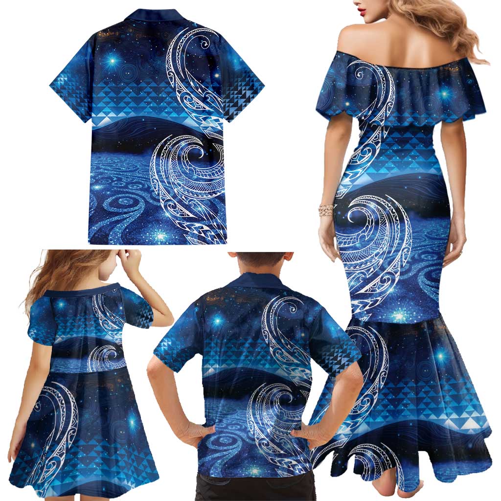 New Zealand Matariki Family Matching Mermaid Dress and Hawaiian Shirt Taniko Aramoana With Koru Galaxy Sky Night