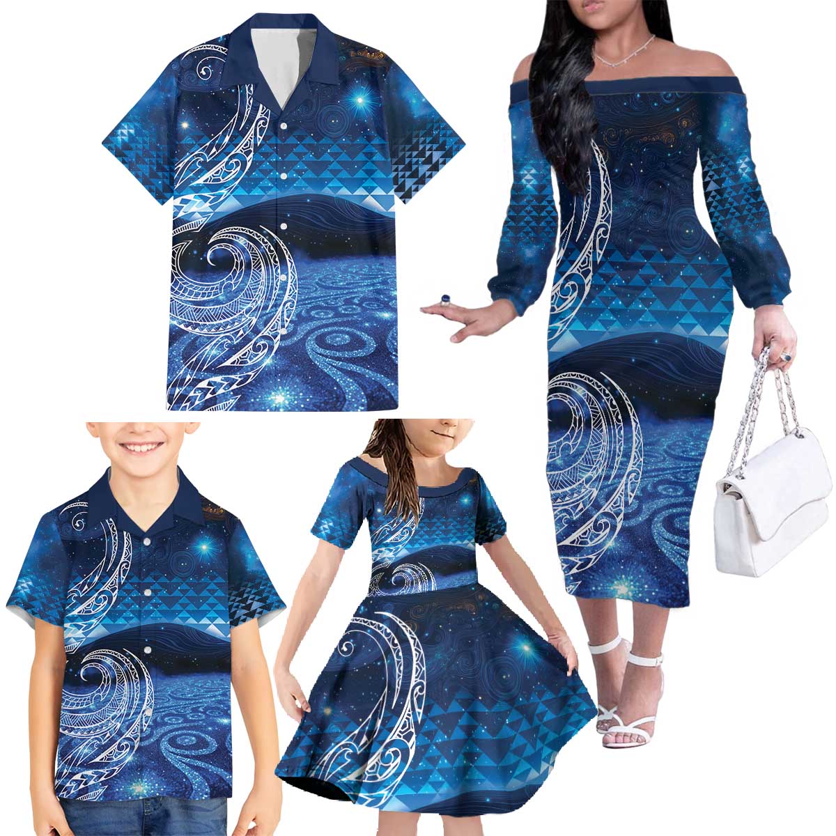 New Zealand Matariki Family Matching Off The Shoulder Long Sleeve Dress and Hawaiian Shirt Taniko Aramoana With Koru Galaxy Sky Night