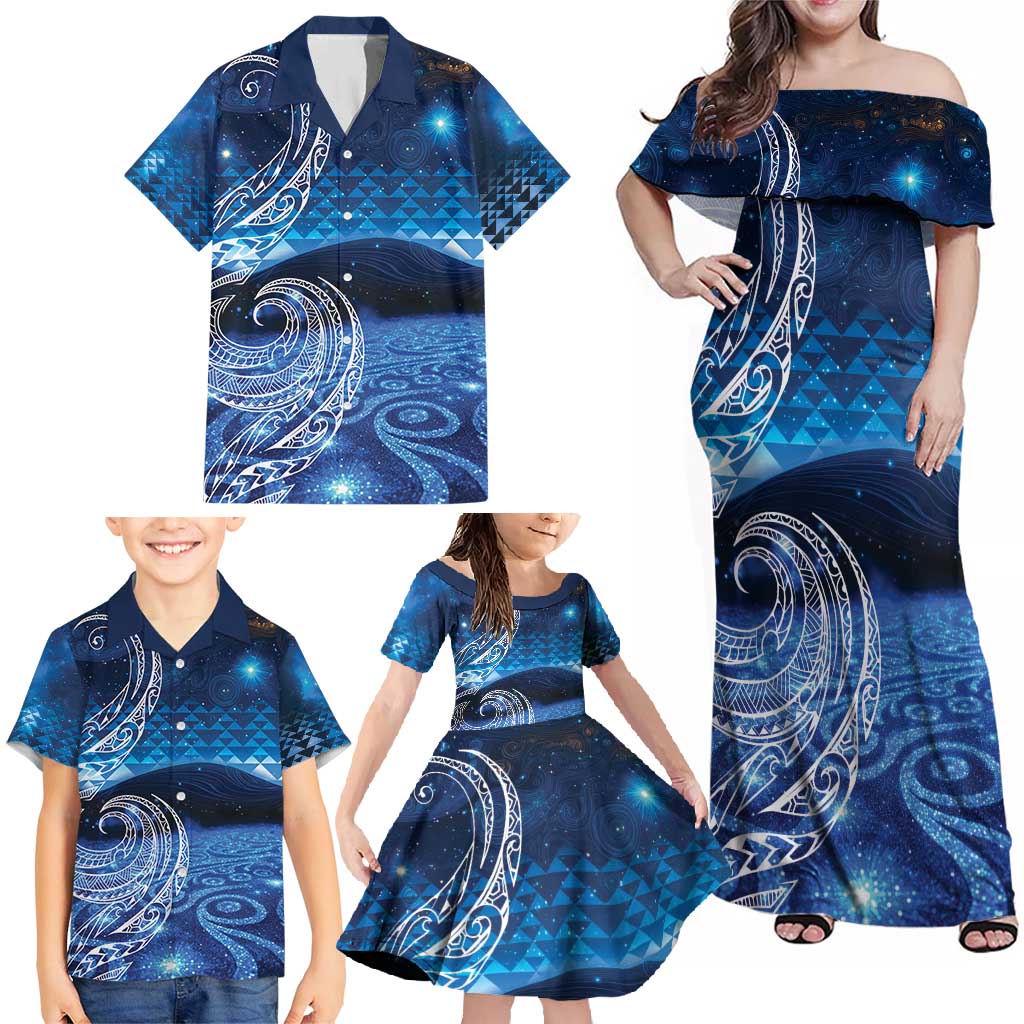 New Zealand Matariki Family Matching Off Shoulder Maxi Dress and Hawaiian Shirt Taniko Aramoana With Koru Galaxy Sky Night