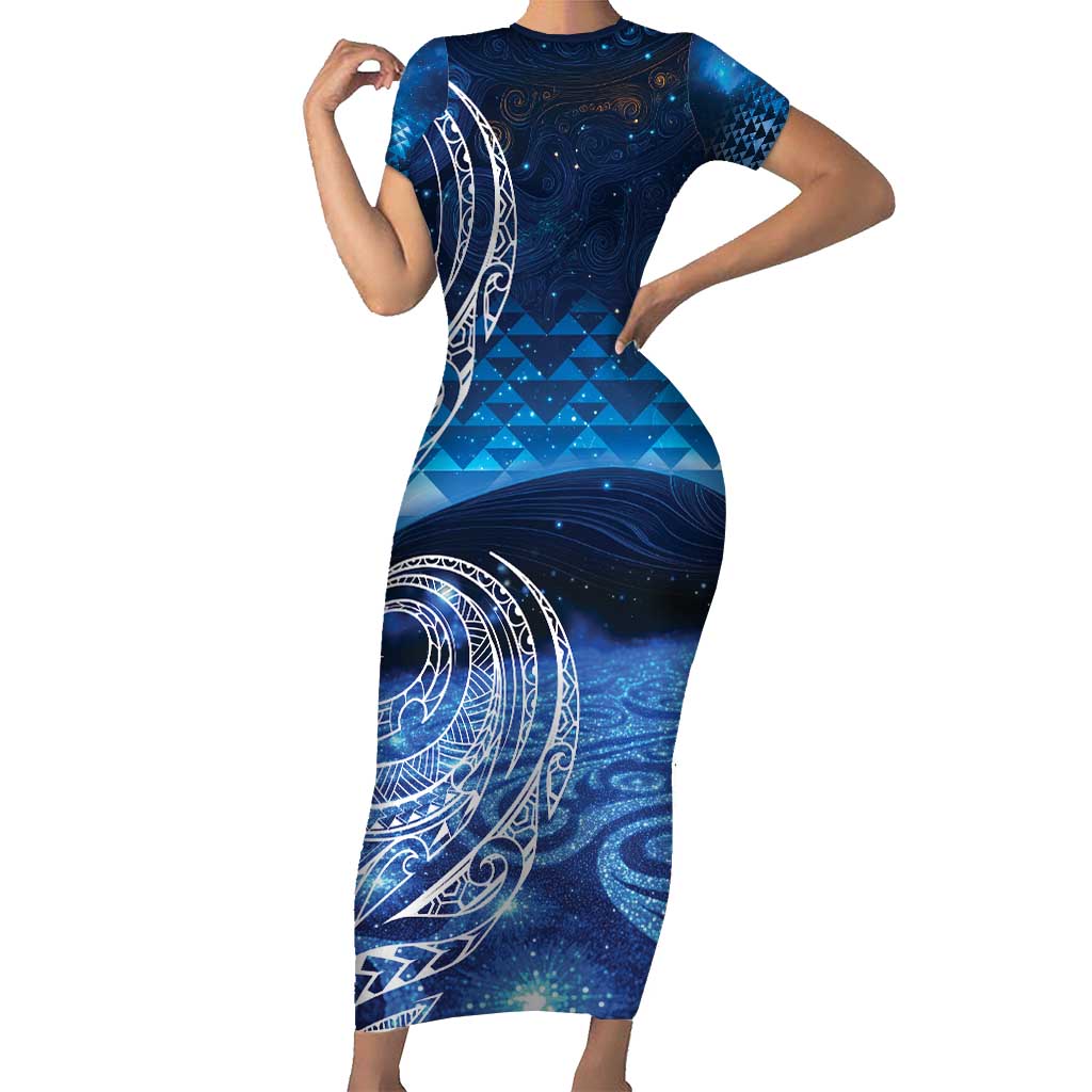 New Zealand Matariki Family Matching Short Sleeve Bodycon Dress and Hawaiian Shirt Taniko Aramoana With Koru Galaxy Sky Night