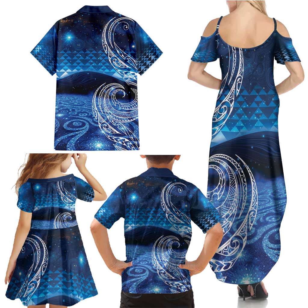 New Zealand Matariki Family Matching Summer Maxi Dress and Hawaiian Shirt Taniko Aramoana With Koru Galaxy Sky Night