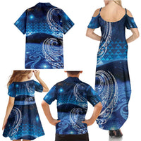 New Zealand Matariki Family Matching Summer Maxi Dress and Hawaiian Shirt Taniko Aramoana With Koru Galaxy Sky Night
