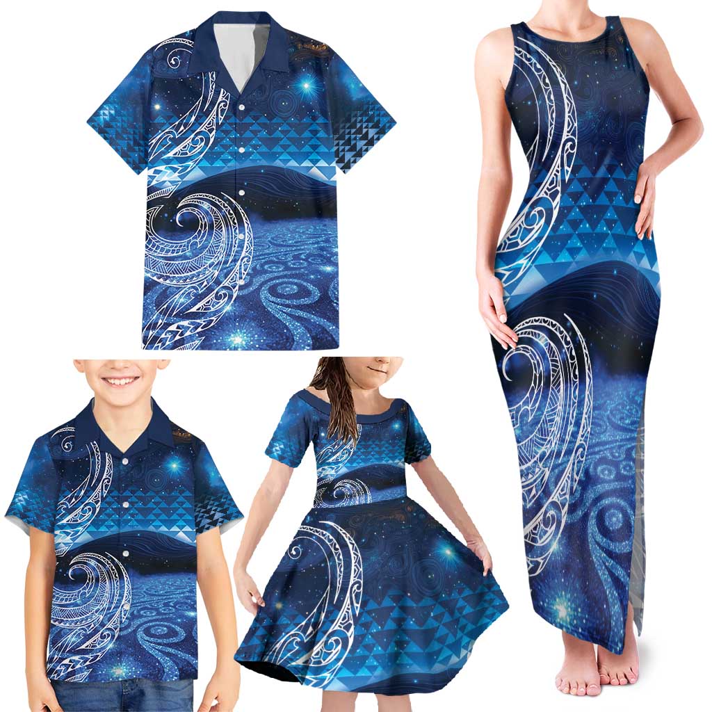 New Zealand Matariki Family Matching Tank Maxi Dress and Hawaiian Shirt Taniko Aramoana With Koru Galaxy Sky Night