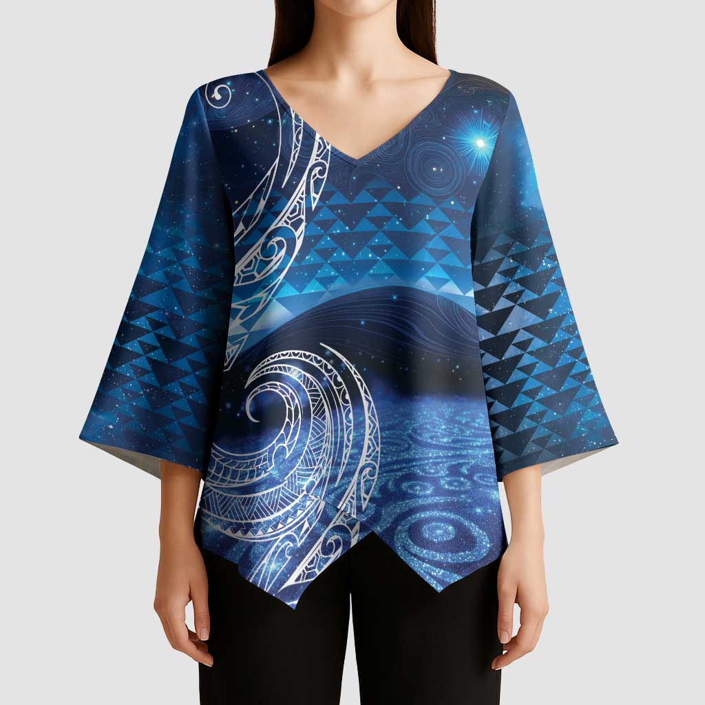 New Zealand Matariki Kimono Sleeve Blouse Taniko Aramoana With Koru Galaxy Sky Night - Polynesian Pride