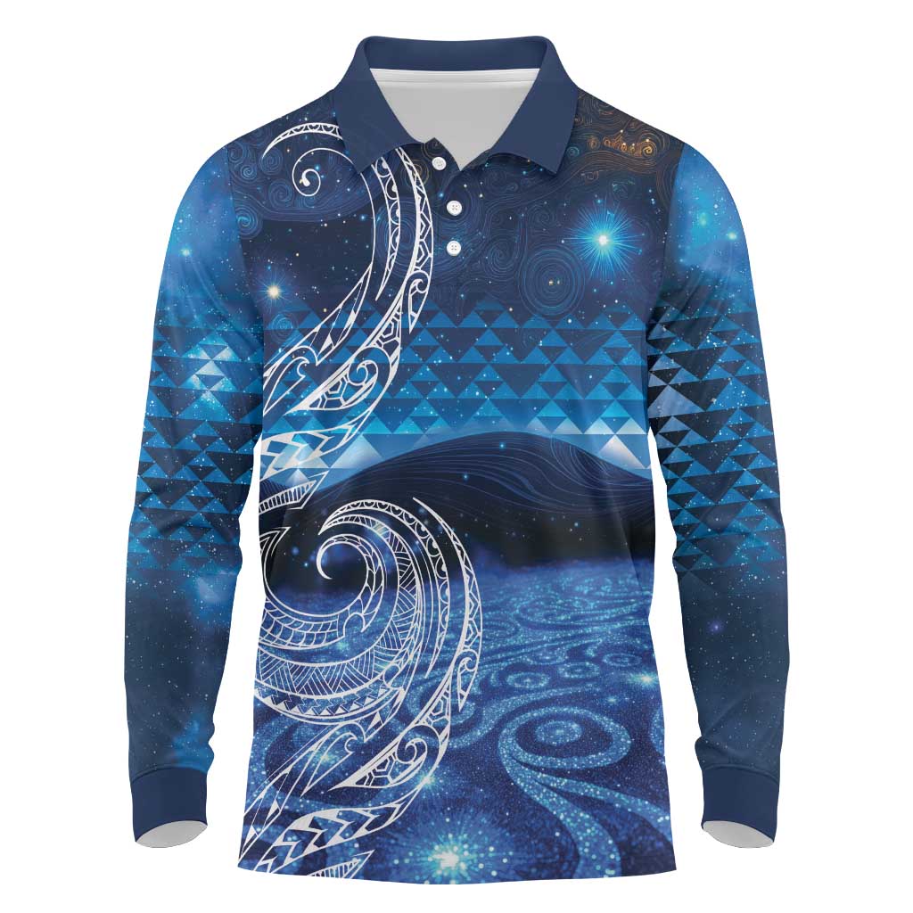 New Zealand Matariki Long Sleeve Polo Shirt Taniko Aramoana With Koru Galaxy Sky Night