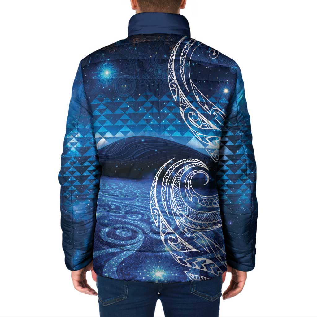 New Zealand Matariki Padded Jacket Taniko Aramoana With Koru Galaxy Sky Night - Polynesian Pride