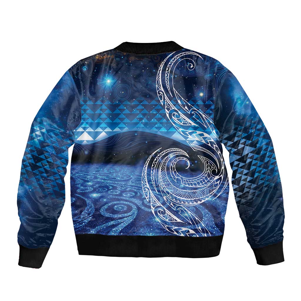 New Zealand Matariki Sleeve Zip Bomber Jacket Taniko Aramoana With Koru Galaxy Sky Night