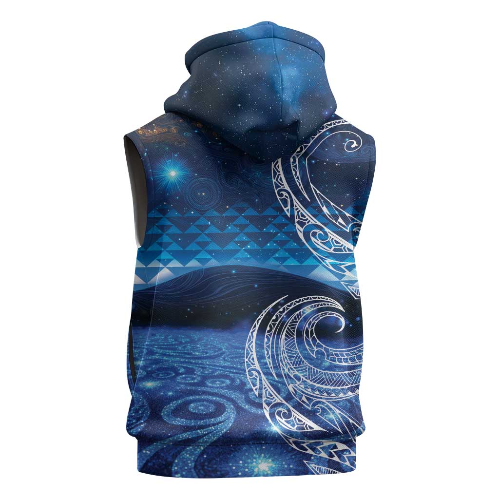 New Zealand Matariki Sleeveless Hoodie Taniko Aramoana With Koru Galaxy Sky Night - Polynesian Pride