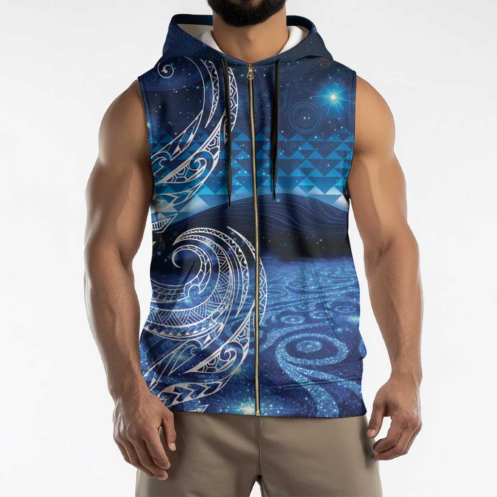 New Zealand Matariki Sleeveless Zip Hoodie Taniko Aramoana With Koru Galaxy Sky Night - Polynesian Pride