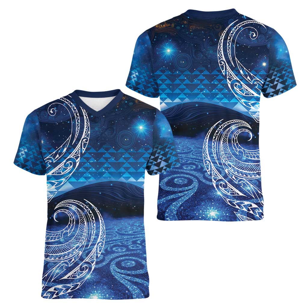 New Zealand Matariki Women V-Neck T-Shirt Taniko Aramoana With Koru Galaxy Sky Night