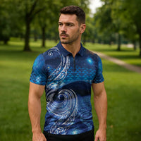 New Zealand Matariki Zipper Polo Shirt Taniko Aramoana With Koru Galaxy Sky Night - Polynesian Pride
