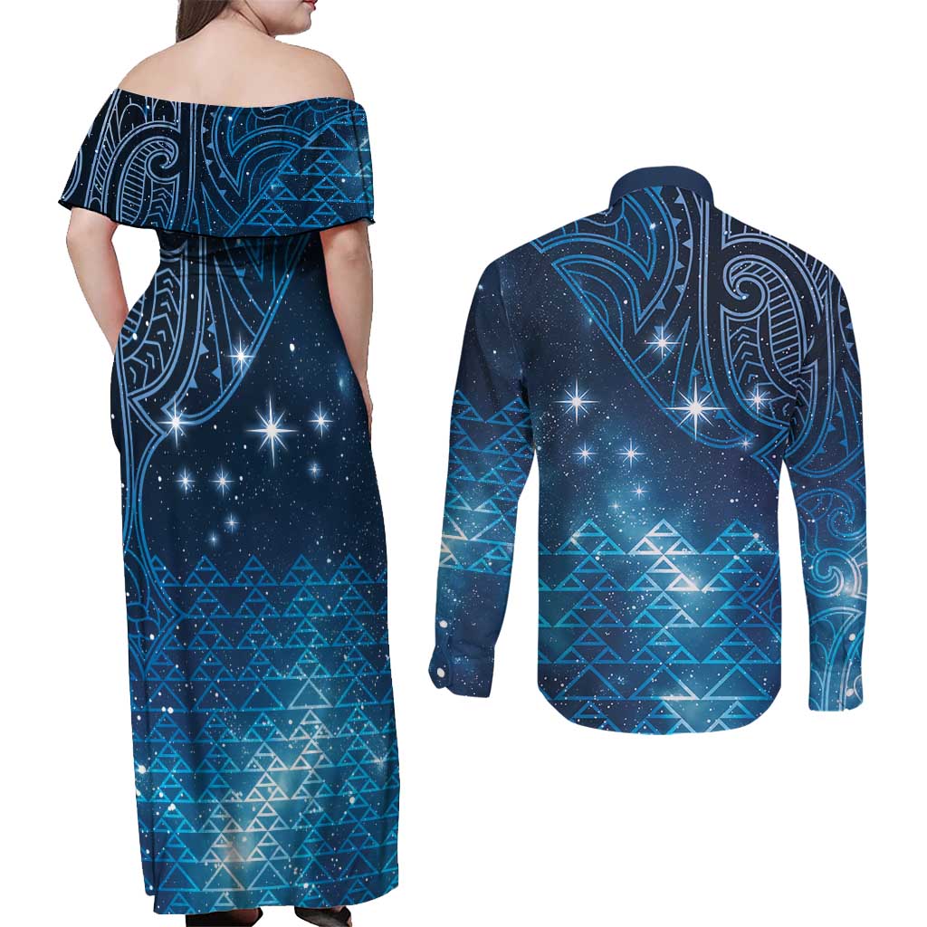 New Zealand Matariki Couples Matching Off Shoulder Maxi Dress and Long Sleeve Button Shirt Taniko Aramoana With Maori Galaxy Sky Night