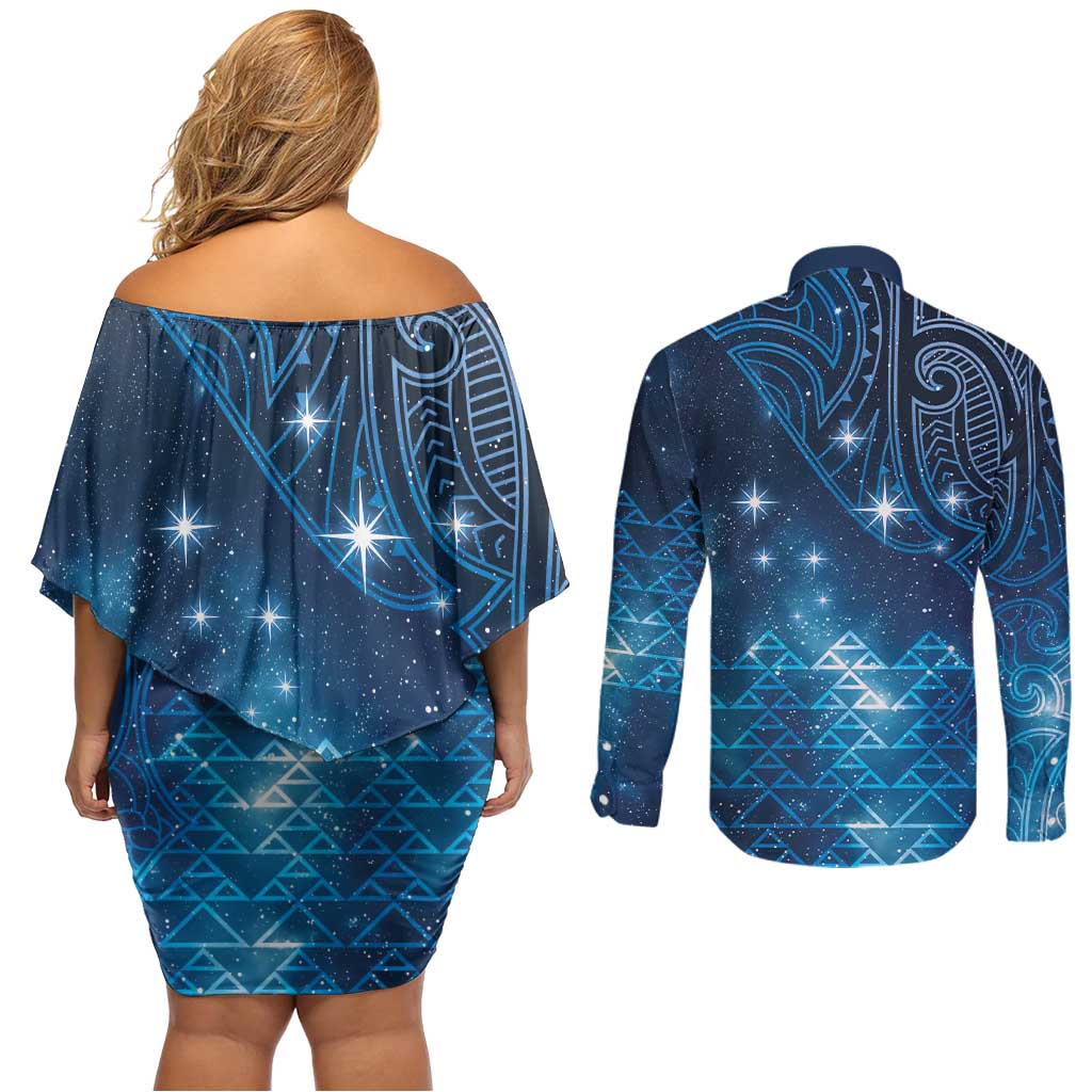 New Zealand Matariki Couples Matching Off Shoulder Short Dress and Long Sleeve Button Shirt Taniko Aramoana With Maori Galaxy Sky Night