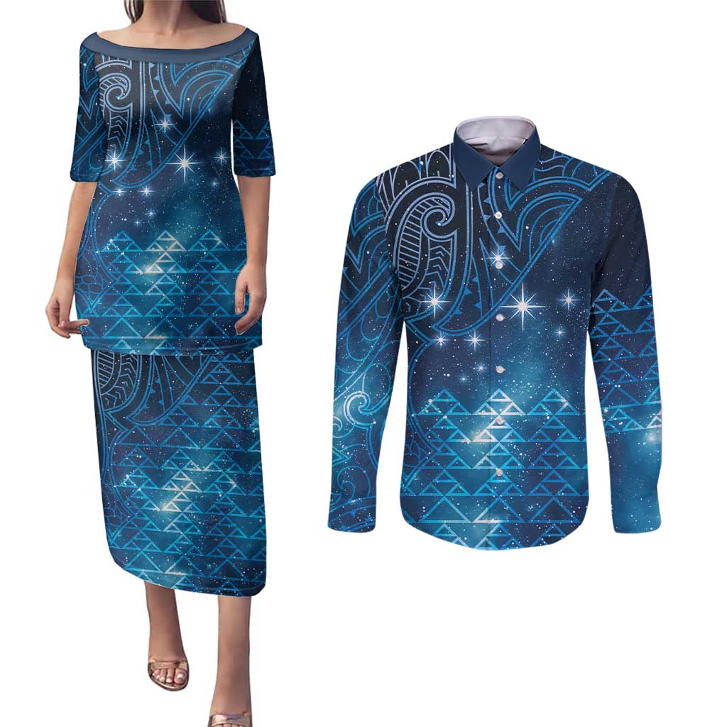 New Zealand Matariki Couples Matching Puletasi and Long Sleeve Button Shirt Taniko Aramoana With Maori Galaxy Sky Night
