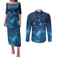 New Zealand Matariki Couples Matching Puletasi and Long Sleeve Button Shirt Taniko Aramoana With Maori Galaxy Sky Night