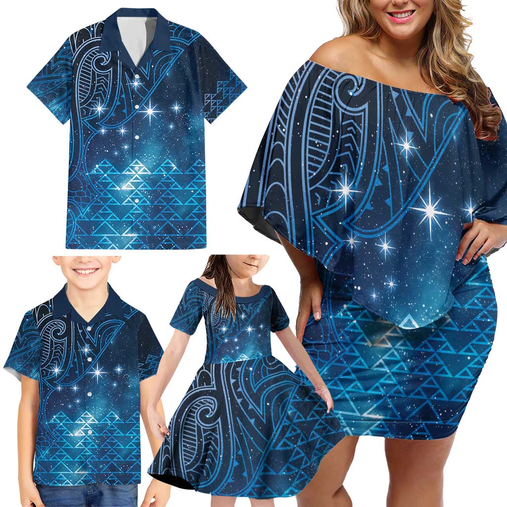 New Zealand Matariki Family Matching Off Shoulder Short Dress and Hawaiian Shirt Taniko Aramoana With Maori Galaxy Sky Night