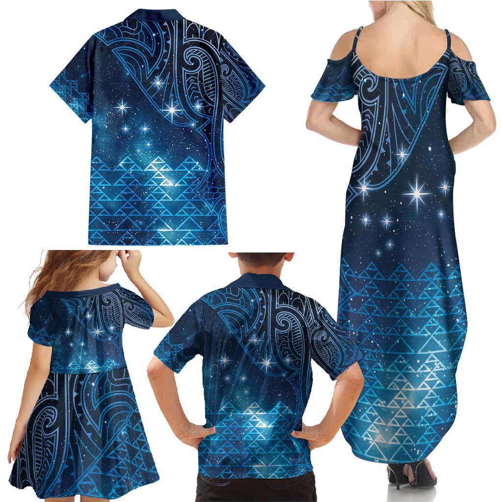 New Zealand Matariki Family Matching Summer Maxi Dress and Hawaiian Shirt Taniko Aramoana With Maori Galaxy Sky Night