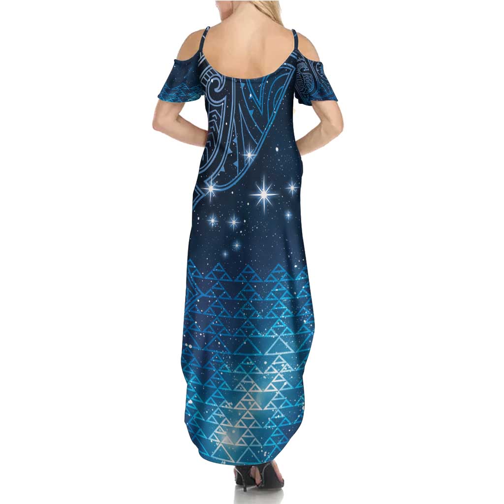 New Zealand Matariki Family Matching Summer Maxi Dress and Hawaiian Shirt Taniko Aramoana With Maori Galaxy Sky Night