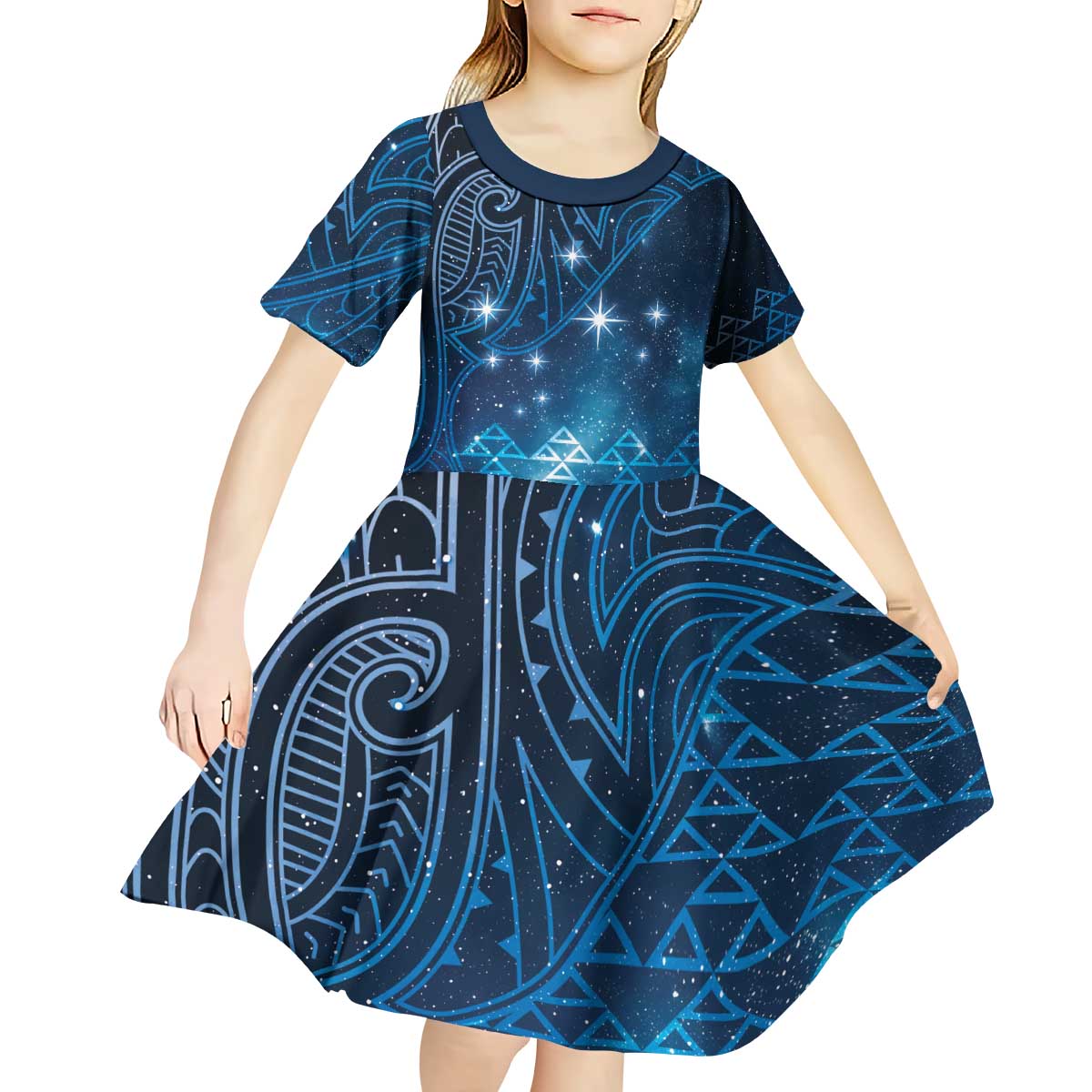 New Zealand Matariki Kid Short Sleeve Dress Taniko Aramoana With Maori Galaxy Sky Night
