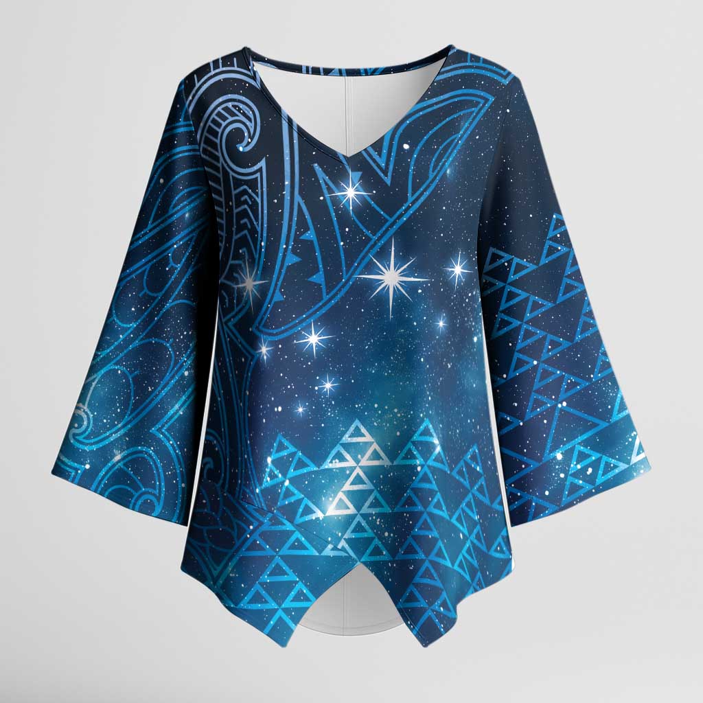 New Zealand Matariki Kimono Sleeve Blouse Taniko Aramoana With Maori Galaxy Sky Night - Polynesian Pride