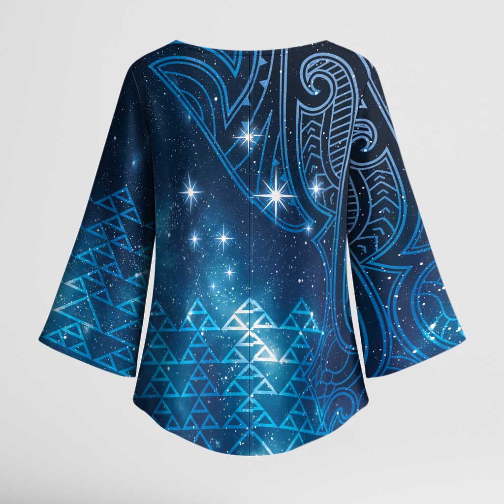 New Zealand Matariki Kimono Sleeve Blouse Taniko Aramoana With Maori Galaxy Sky Night - Polynesian Pride