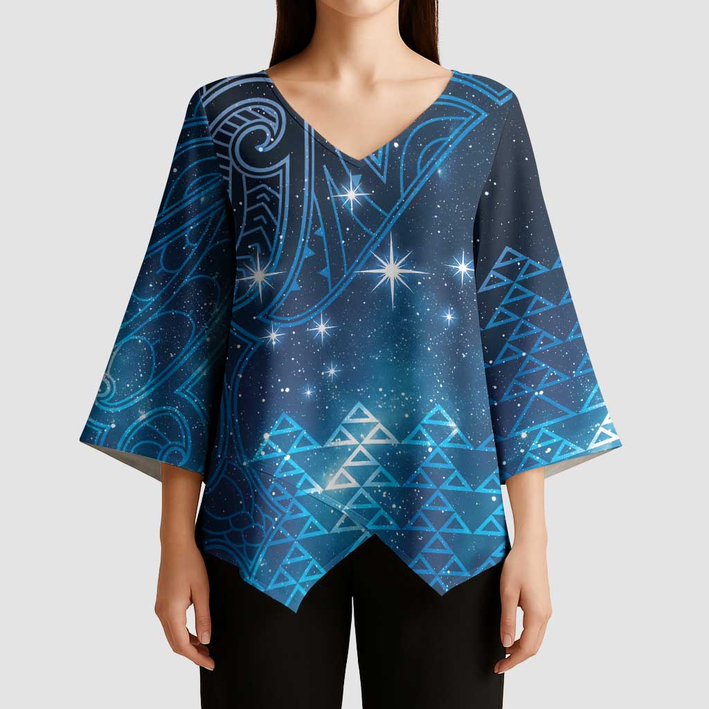 New Zealand Matariki Kimono Sleeve Blouse Taniko Aramoana With Maori Galaxy Sky Night - Polynesian Pride